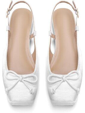 Women's White Slingback Square Toe Bow Knit Ankle Buckle Satin Ballet Flats